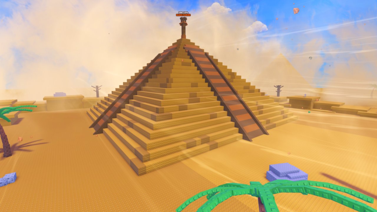 Co-op brick stacking and pyramid construction scene from Build the Pyramid on Roblox